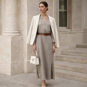 Linen maxi dress women 6 beige slit old money quiet luxury capsule wardrobe